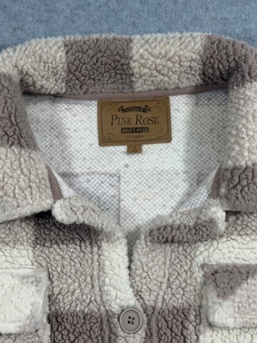Pink Rose Women’s S Cream Taupe Plaid Sherpa Shacket